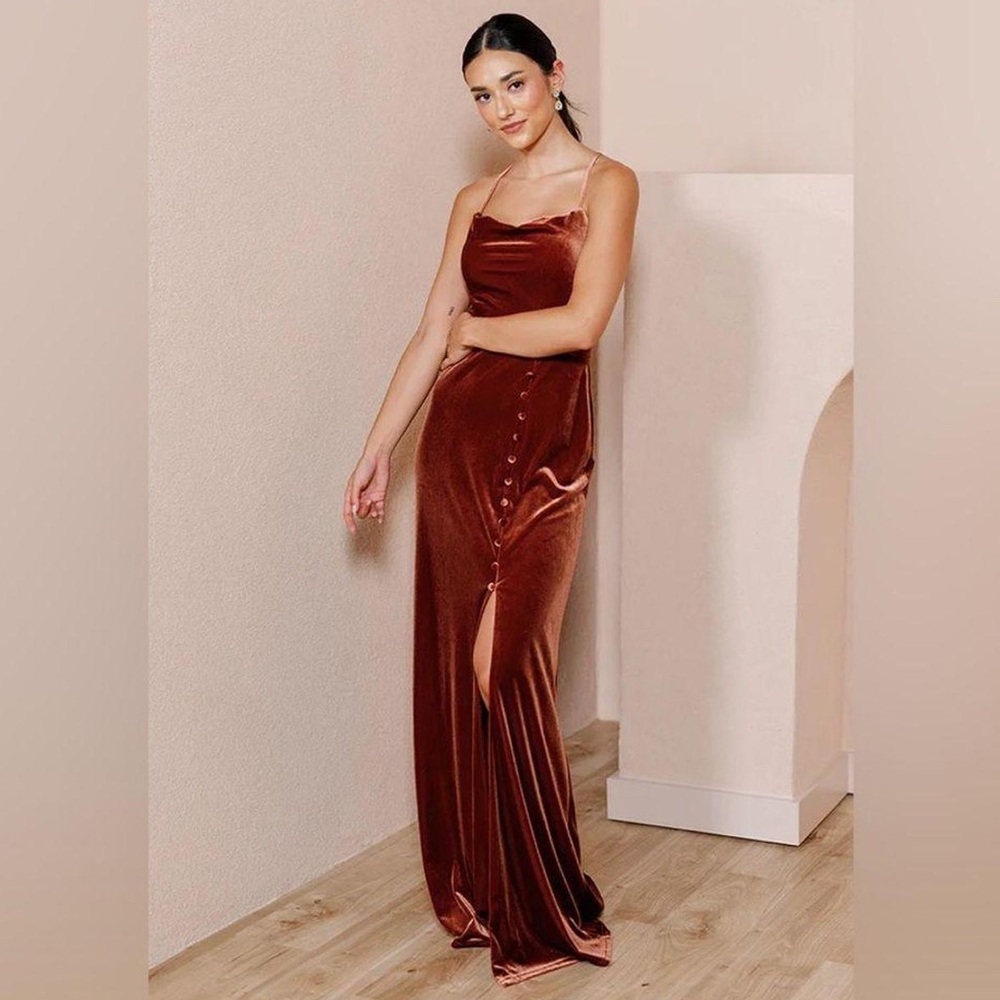 Revelry | Billie Velvet Bridesmaid Wedding Guest Maxi Length In Rust - Picture 3 of 5